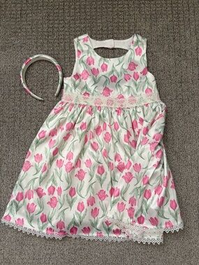 RACHEL ZOE Tulip Print Cutout Girls Dress with Matching Headband